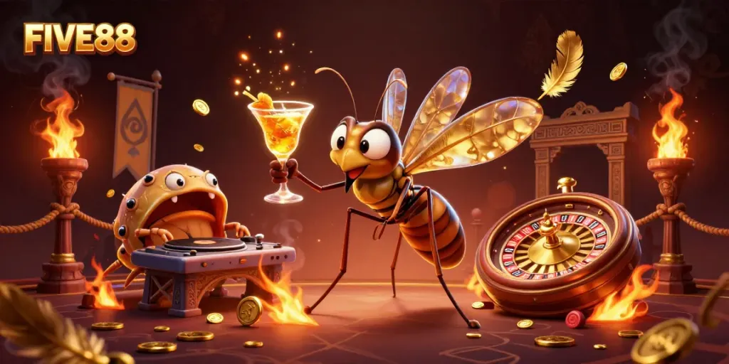 Experience the vibrant atmosphere of FIVE88 with a 3D casino mascot and dynamic gaming elements.