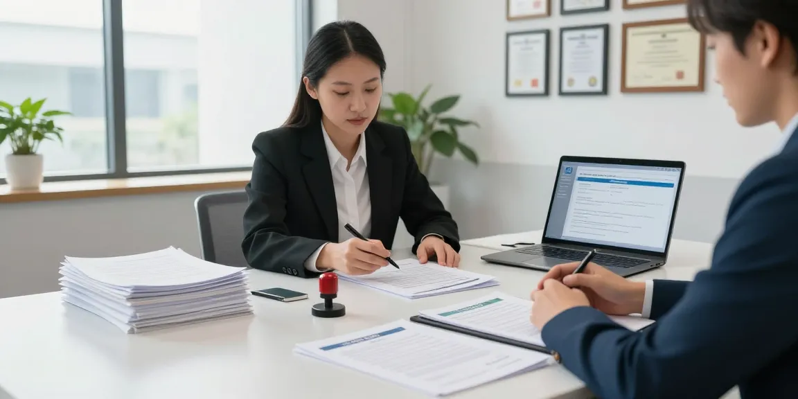 Apostille services consultation in a modern office with legal consultant assisting a client.