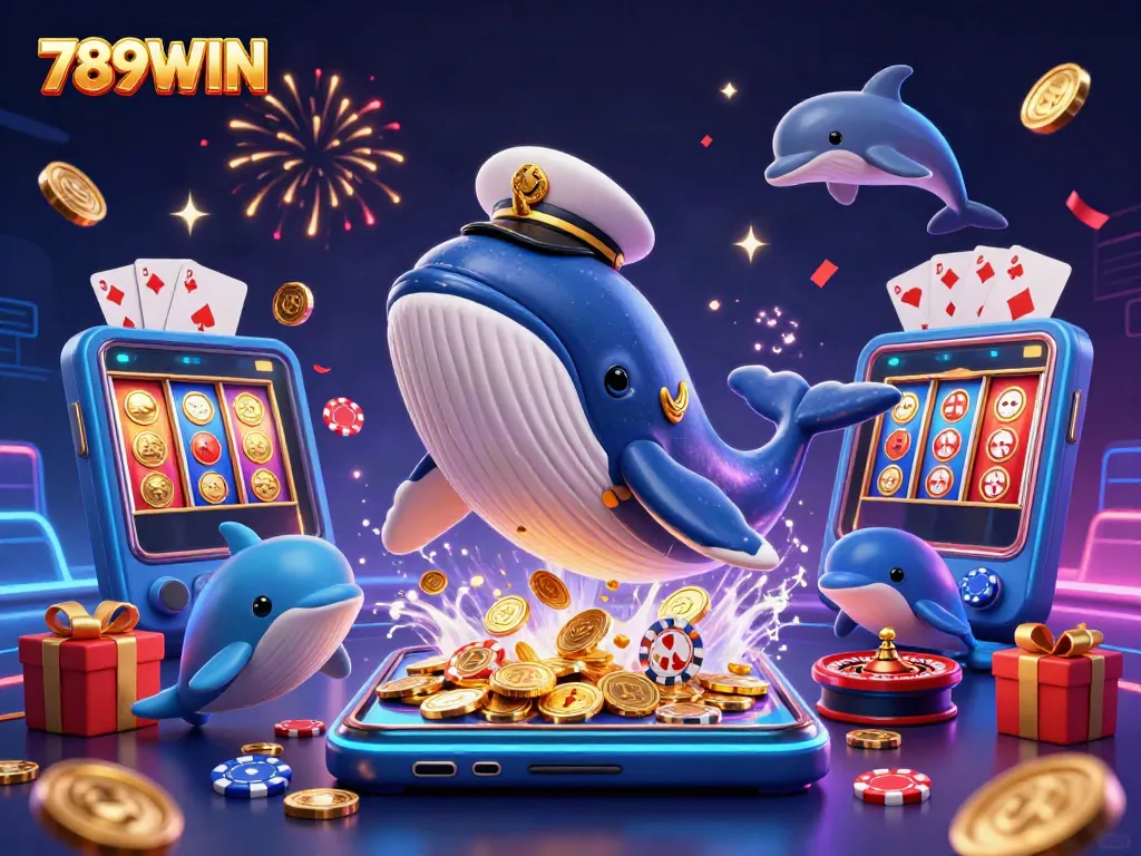 Experience thrilling wins with 789WIN's cartoon whale and playful dolphins showcasing dynamic gambling fun.