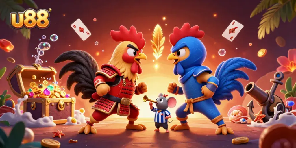 Engage in thrilling gameplay at u88; a dynamic duel between cartoon roosters set in a colorful casino atmosphere.