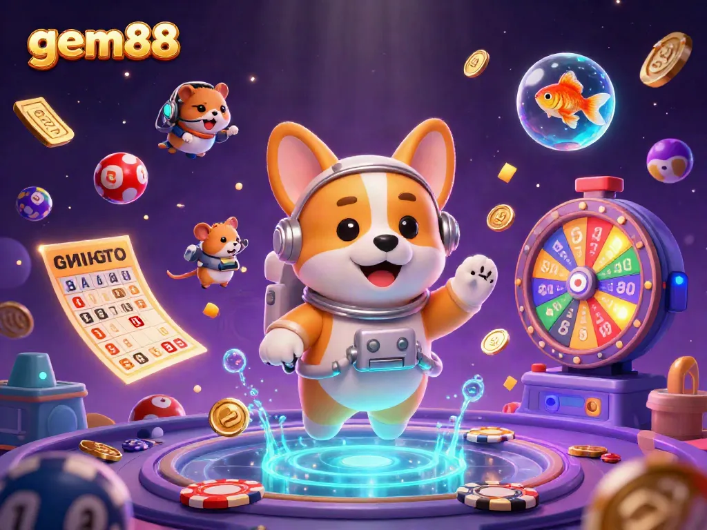 This vibrant gem88 illustration showcases an astronaut corgi in a cosmic casino surrounded by floating lottery elements.