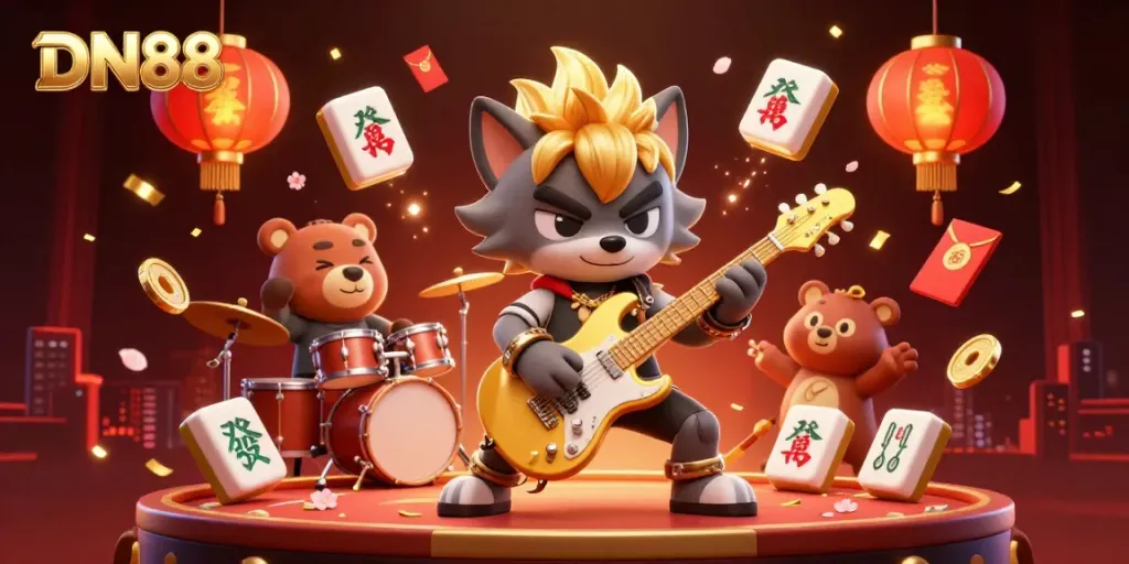 Experience DN88's vibrant casino atmosphere with a rocking wolf and drummer bear in action.