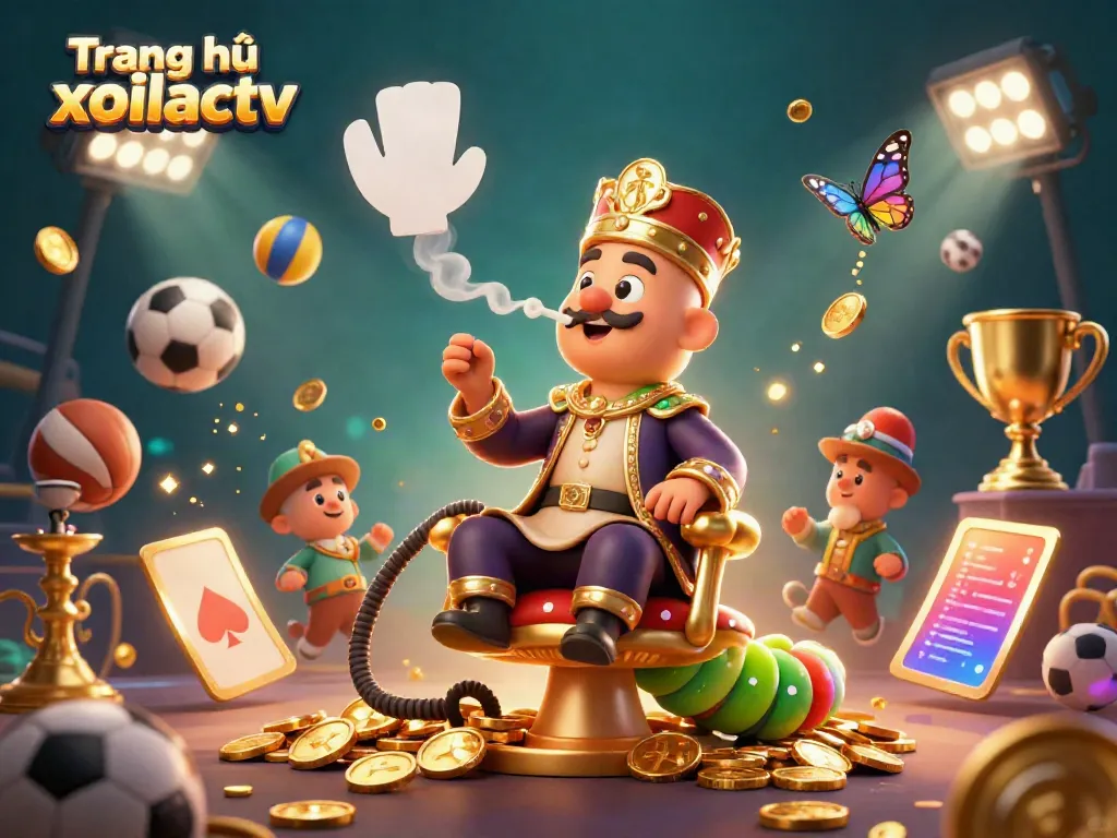 Experience the thrill of Trang chủ xoilactv with vibrant sports balls, trophies, and golden sparkles in a captivating illustration.