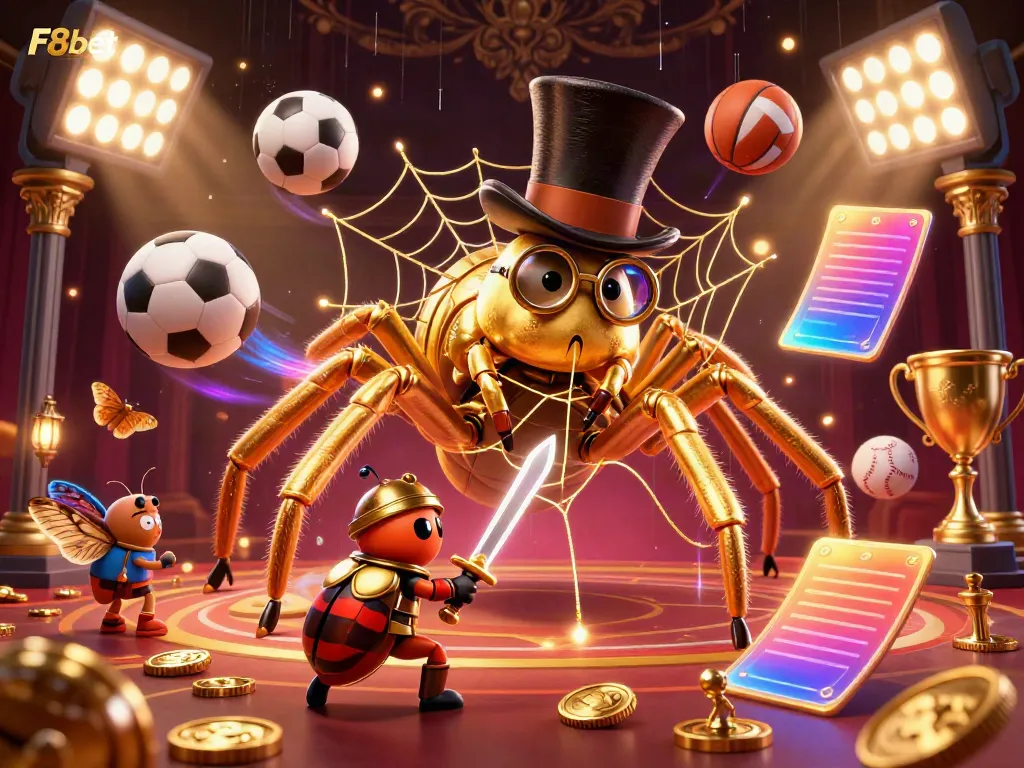 Experience thrilling action at F8bet with a giant golden tarantula and knight in a vibrant casino.
