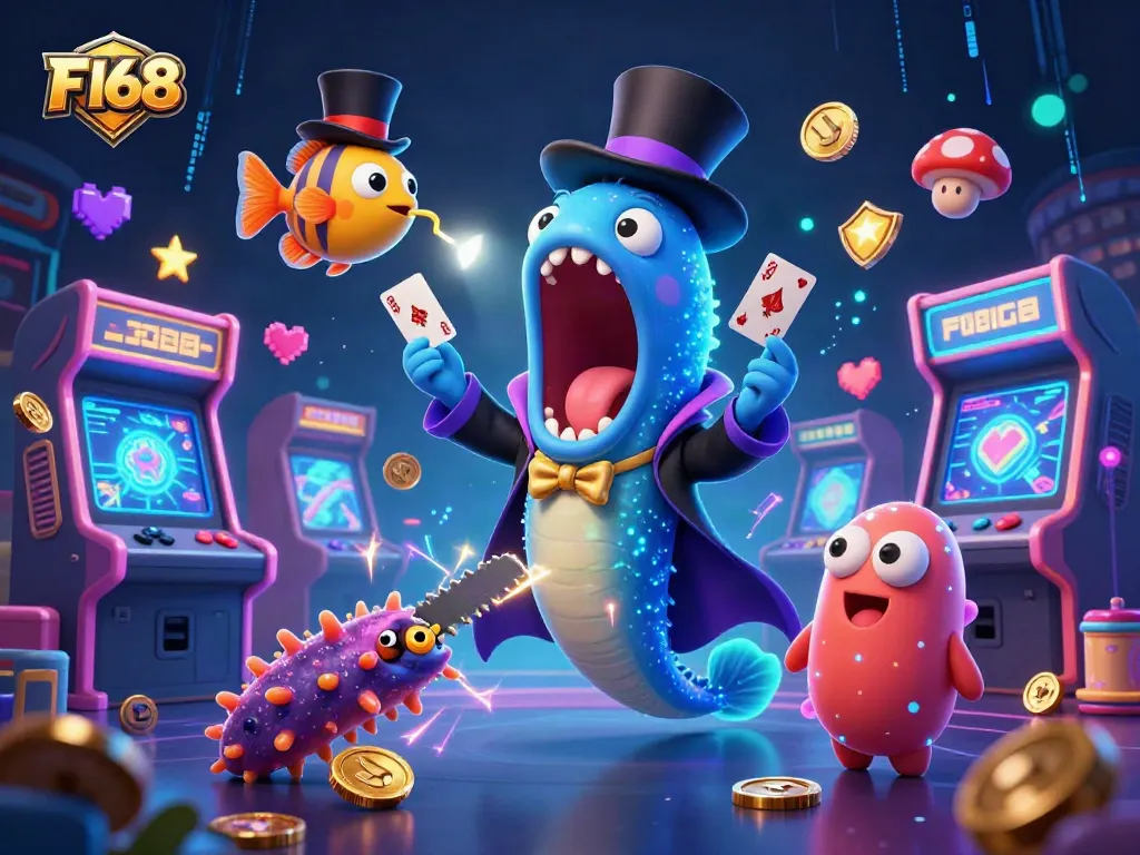 Engage with F168's vibrant casino experience through a unique 3D illustration featuring deep-sea characters.