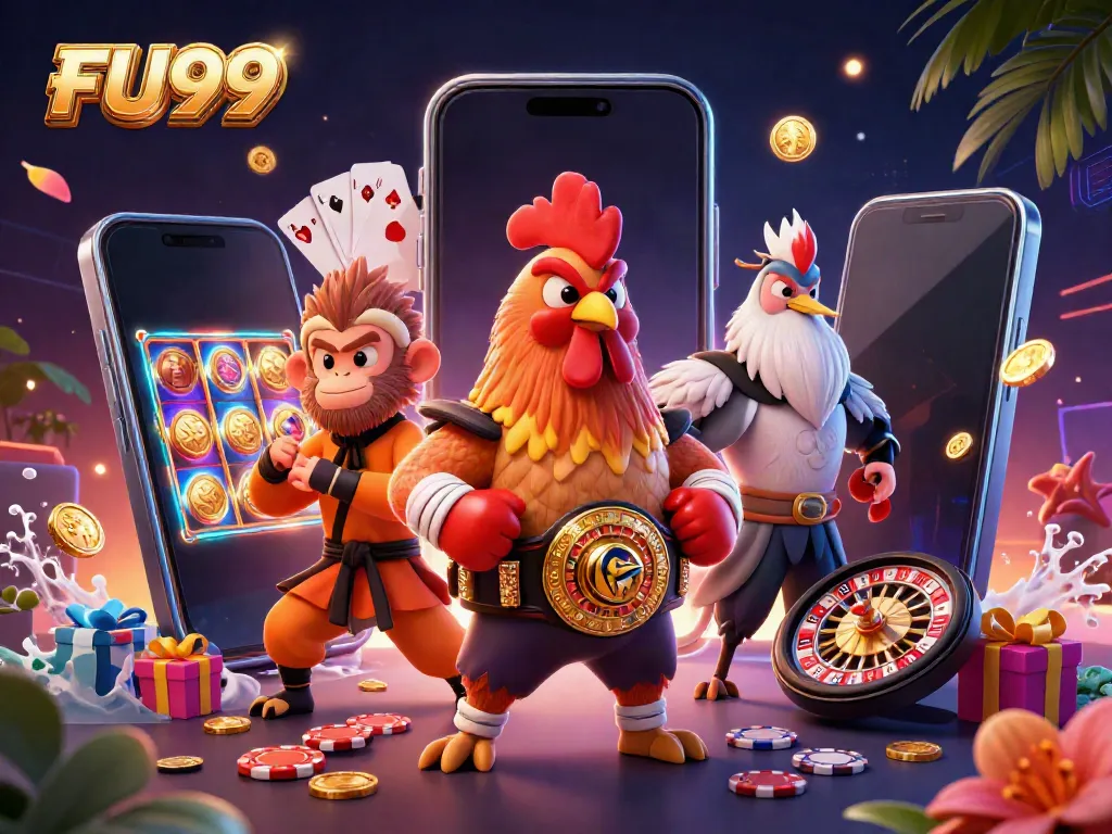 Experience thrilling gaming at FU99 with a Muay Thai rooster, a Shaolin monkey, and a wise crane amidst casino elements.