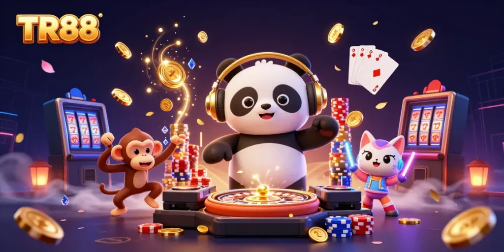 Experience TR88 with a lively DJ panda and breakdancing monkey in a vibrant casino scene.