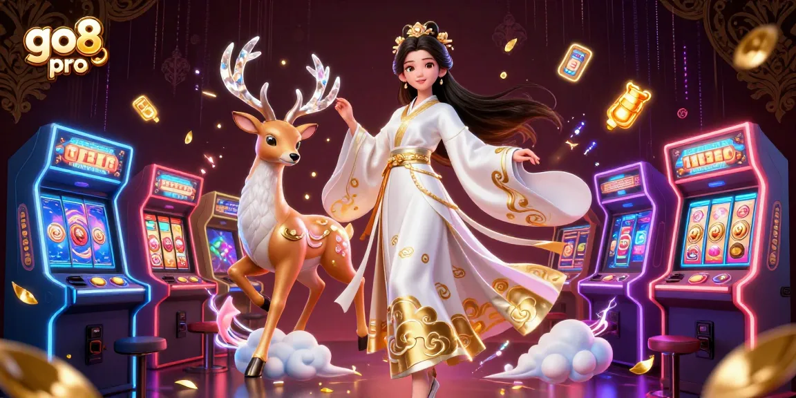 Experience the thrill of go8 pro with a captivating 3D casino scene featuring slot reels and arcade games.