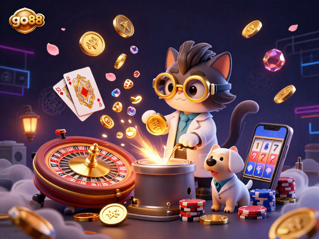 Engage with the exhilarating go88 experience featuring a vibrant, animated 3D casino scene.
