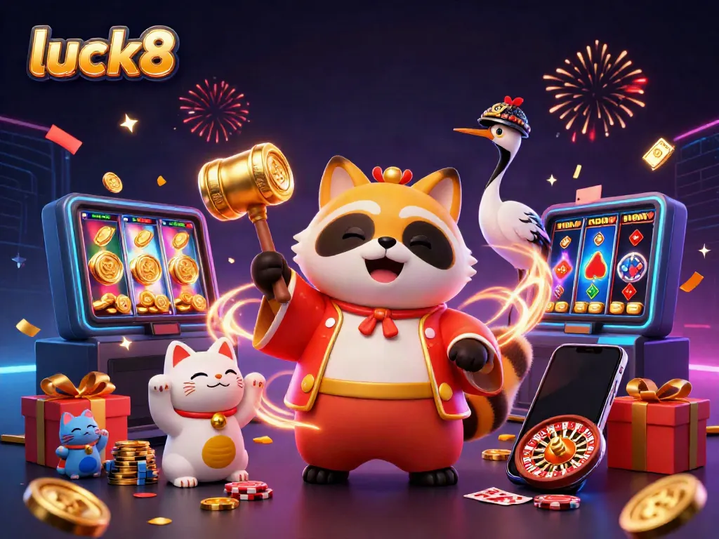Experience excitement at luck8 with a cheerful tanuki, golden mallet, and colorful slot games.