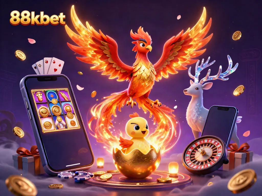 Engage in captivating gaming experiences with 88kbet featuring a vibrant phoenix, baby phoenix, and a stag surrounded by casino elements.