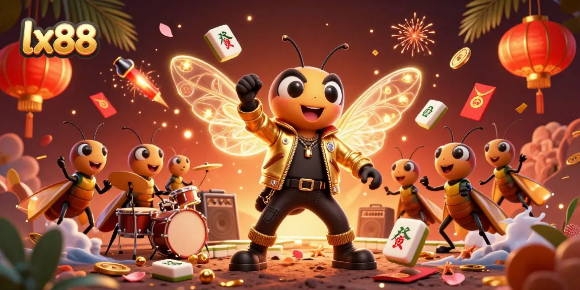 Experience the lx88 casino scene with a rock star cicada surrounded by vibrant elements and casino symbols.