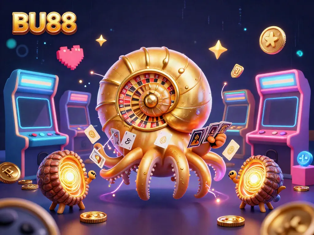 Engage with BU88 by spinning the roulette wheel, surrounded by colorful gaming elements.