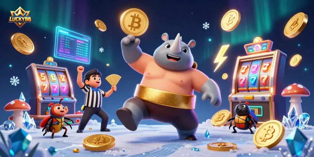 LUCKY88 slot adventure with a sumo beetle champion amidst flying coins and blockchain elements.
