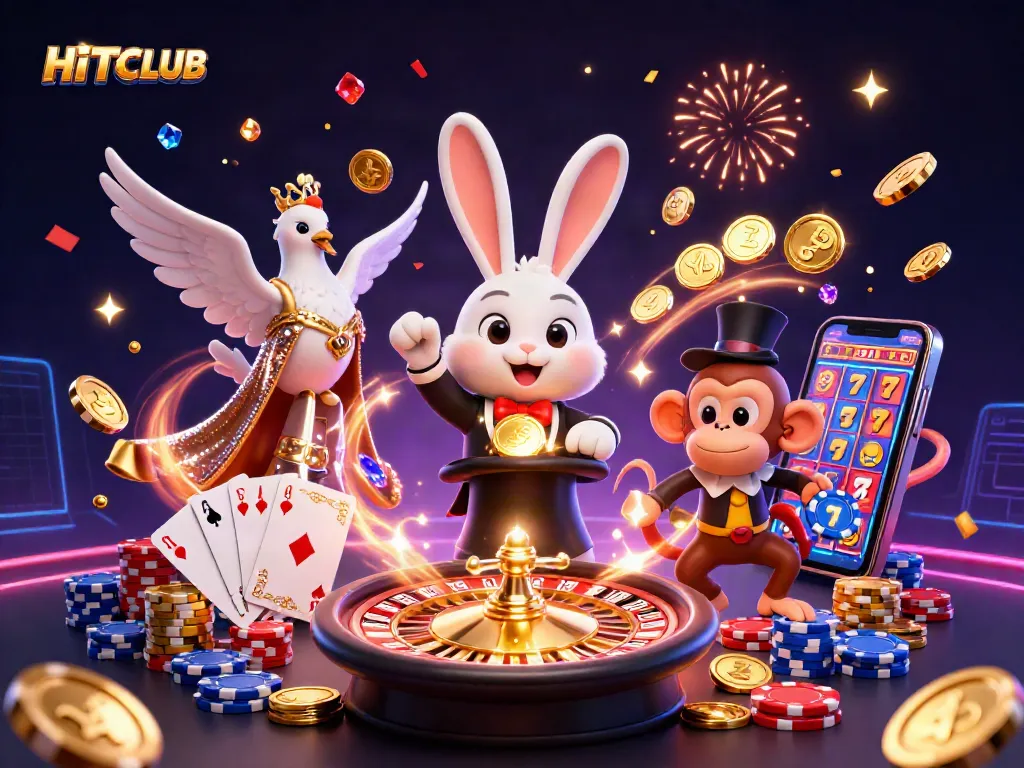 Engage with HITCLUB's magic as a rabbit conjures gold coins while gaming.