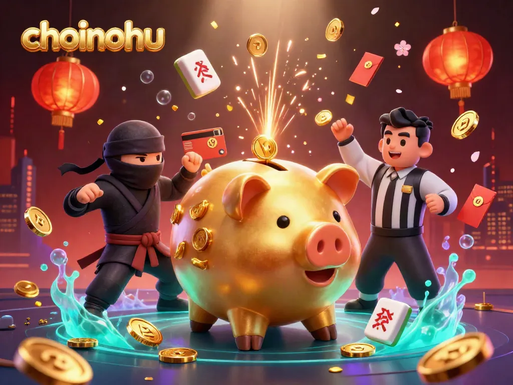 Watch the choinohu golden piggy bank sumo wrestler stomp and unleash coins in this vibrant casino scene.