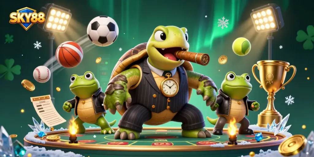 Engage in thrilling sports betting action with SKY88 featuring vibrant characters in a dynamic casino scene.