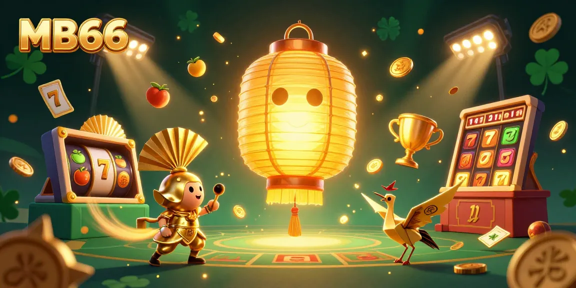 Experience the excitement of MB66's casino games with a glowing golden lantern spirit and dynamic slot elements.