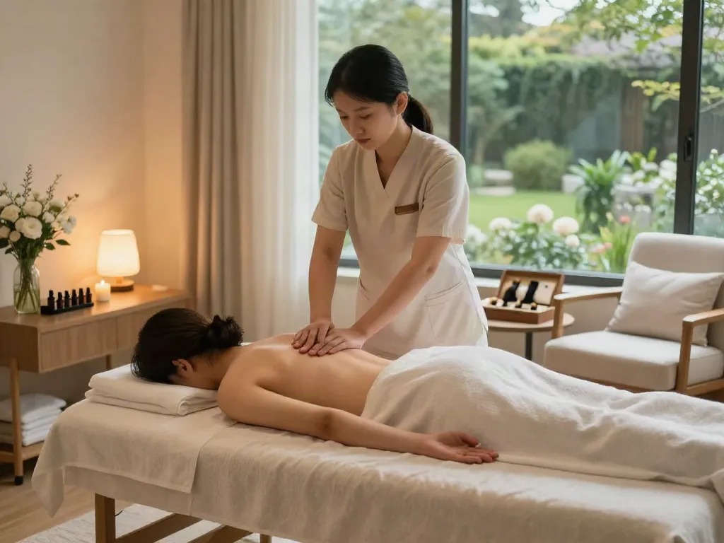 Professional therapist providing 인천출장마사지 in a cozy home setting with calming decor and natural light.