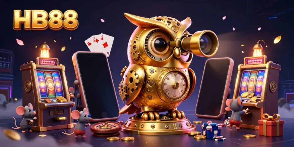 Experience thrilling casino moments with HB88's enchanting clockwork owl and vibrant gaming atmosphere.