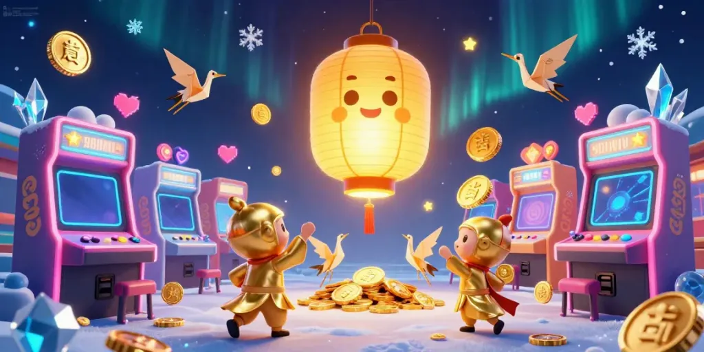 Experience the vibrant energy of 98WIN with a floating giant golden lantern at a lively casino scene.