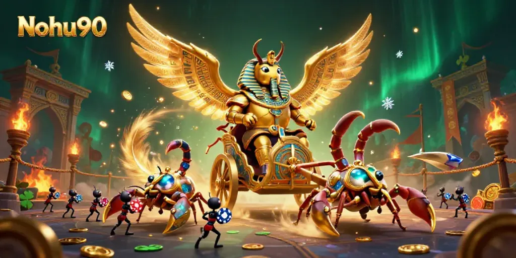 Nohu90 features a golden scarab beetle and scorpions in a dynamic gambling scene.