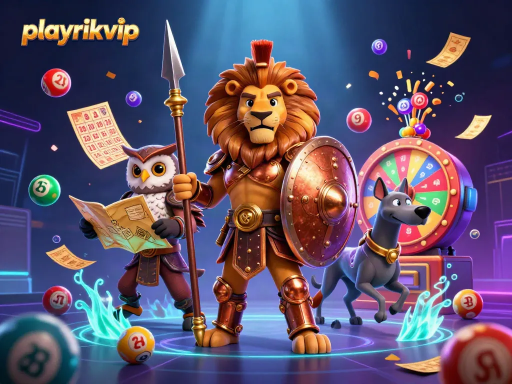 Engage in playrikvip gaming with vibrant lottery balls, a heroic lion avatar, and exciting prizes!