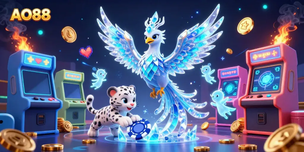 Win big at AO88 with the enchanting ice phoenix and joyful sprites in a vibrant casino scene.