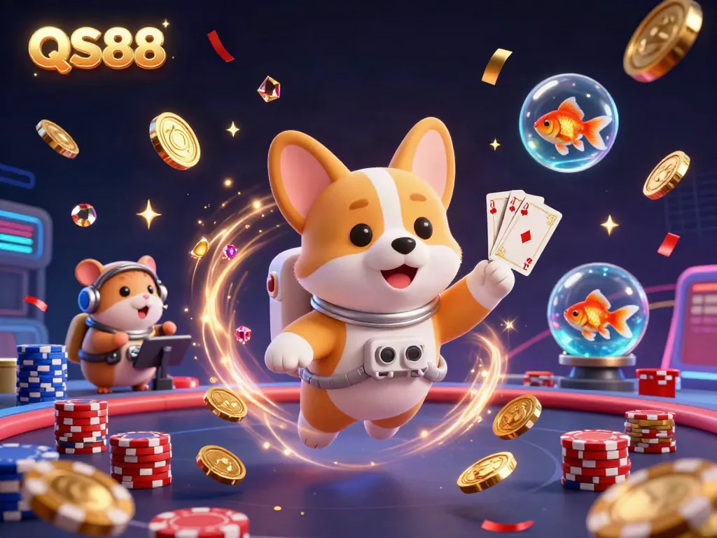 Experience the excitement at QS88 with a dynamic space casino scene featuring flying poker chips and golden coins.