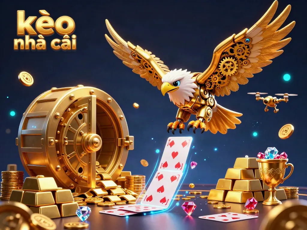 Engage with kèo nhà cái through an action-packed casino illustration featuring a cybernetic eagle diving amidst gold elements.