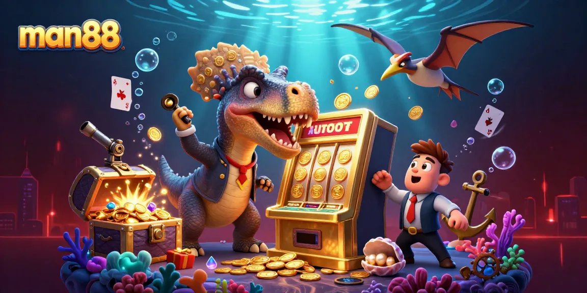 man88 wins at the slots in a vibrant 3D casino scene filled with dynamic characters and treasures