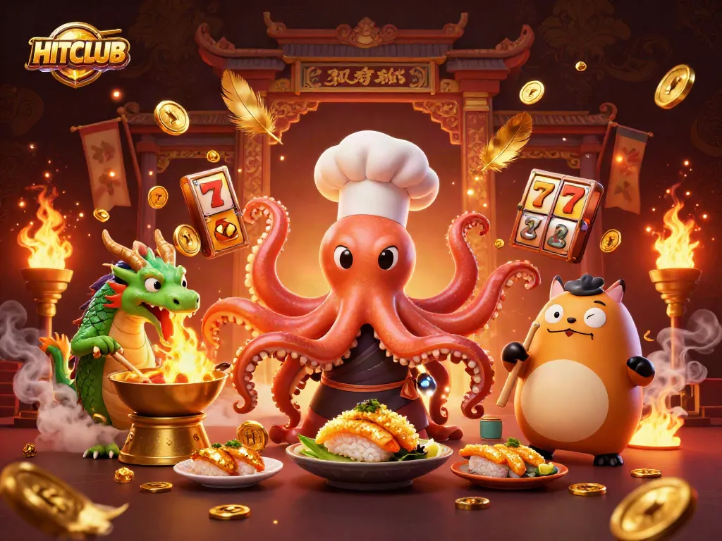 Experience the thrill of HITCLUB with a dynamic cartoon scene of a sushi chef octopus, dragon, and tanuki amidst golden gaming elements.