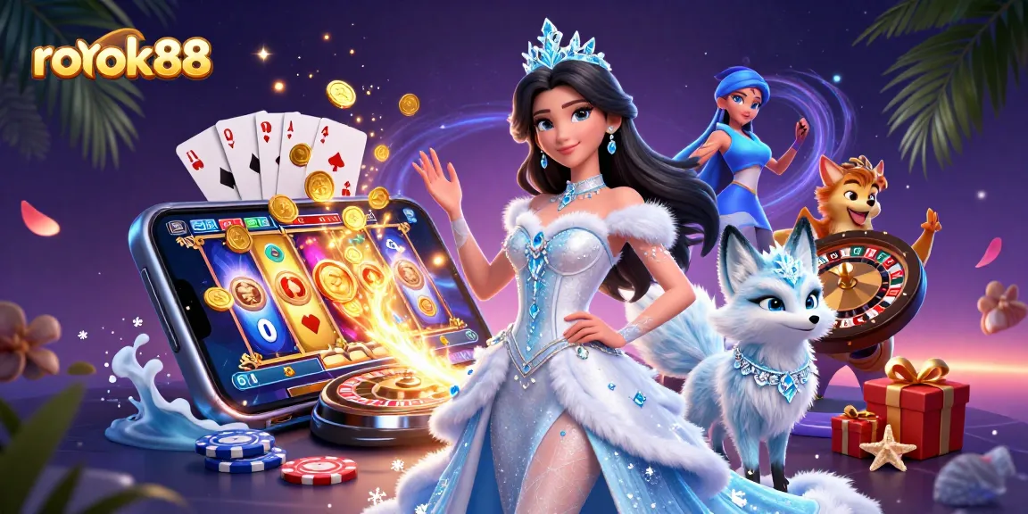 Play exciting slot games with rokok88's vibrant 3D casino illustration showcasing thrilling elements.