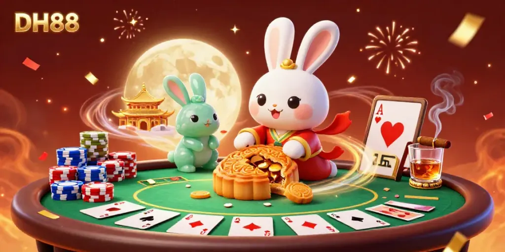 Join the DH88 moon rabbit celebrating wins with poker chips and golden mooncakes in a vibrant casino scene.