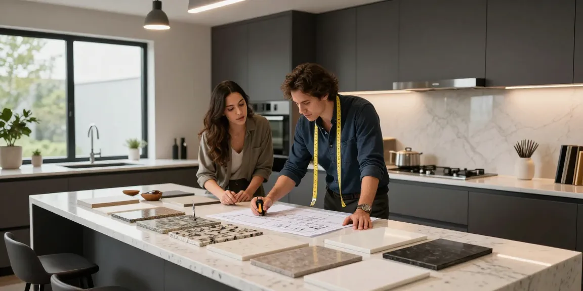 Custom countertops Hamilton: designer showing quartz samples to homeowner in a modern kitchen.