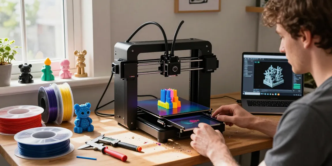 Best beginner 3D printer in a cozy workshop with vibrant filaments and detailed prints, creating an inviting atmosphere.