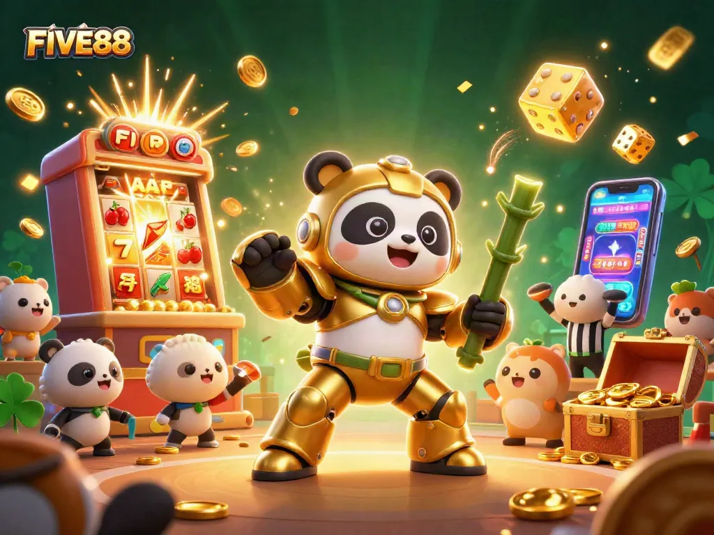 Experience the excitement of FIVE88 with vibrant gaming elements and a dynamic 3D panda-filled casino scene.