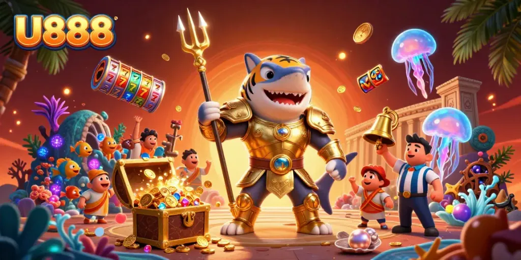 Experience thrilling gameplay at U888 with an illustrated underwater casino scene featuring vibrant game elements.