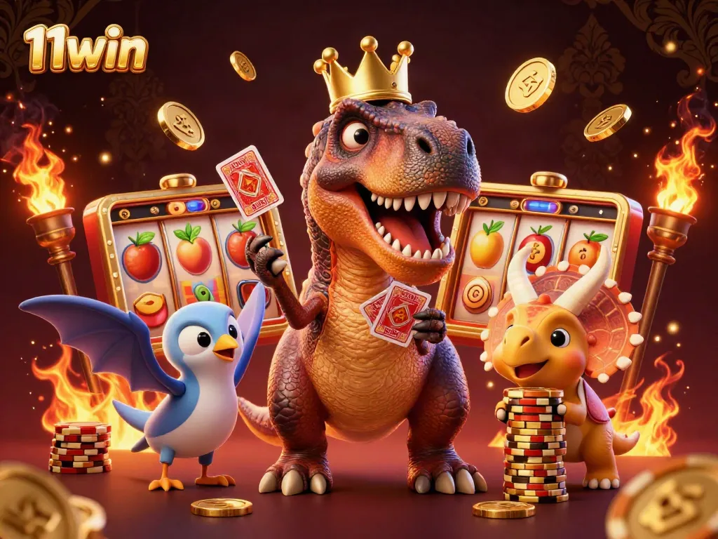 11win casino scene featuring a T-Rex dealing cards and a triceratops stacking chips, highlighting the gambling atmosphere.