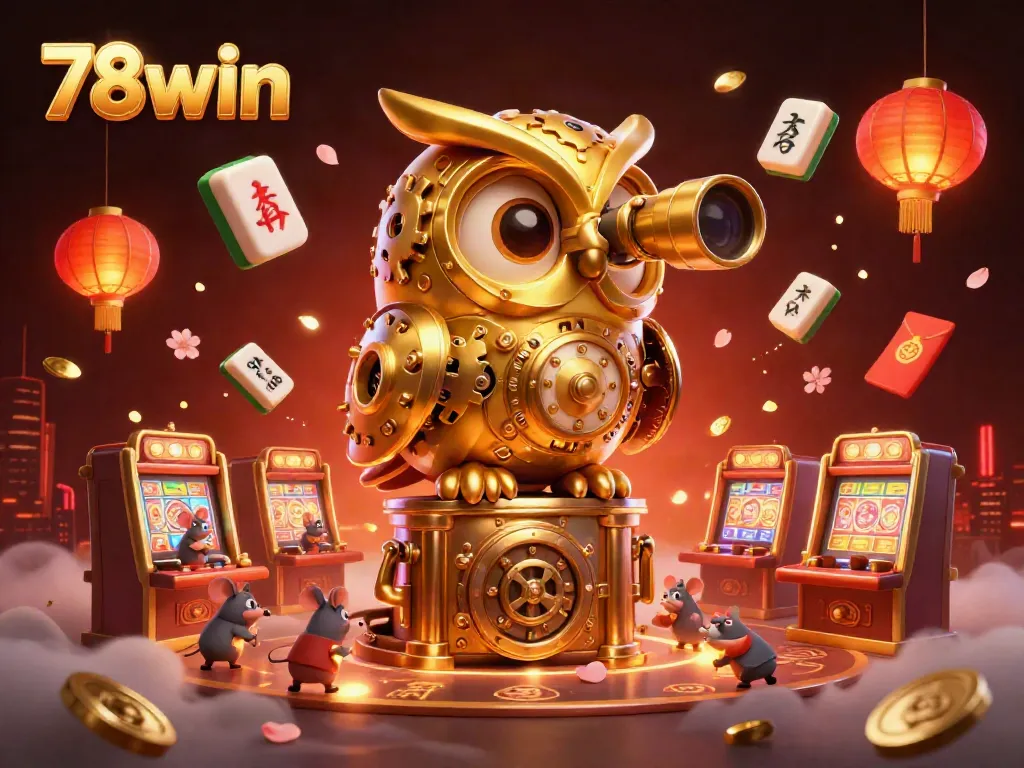 Experience the thrill of 78win as a cartoon owl surveys a vibrant casino with patrons scurrying for luck.
