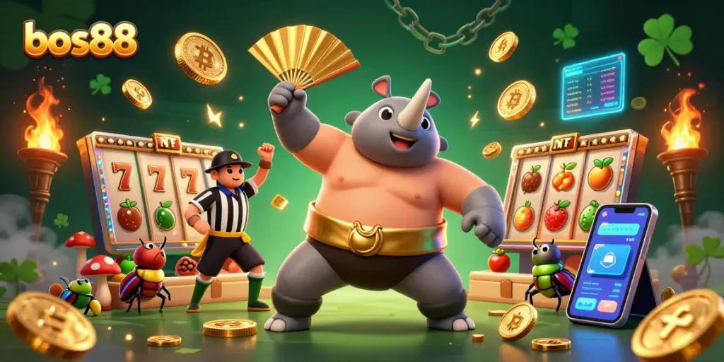Win big with bos88: a vibrant, energetic gaming scene featuring charismatic beetle characters and dynamic slot elements.