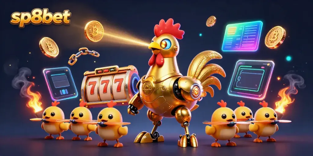 Engage with sp8bet's animated casino experience featuring robots and crypto elements.