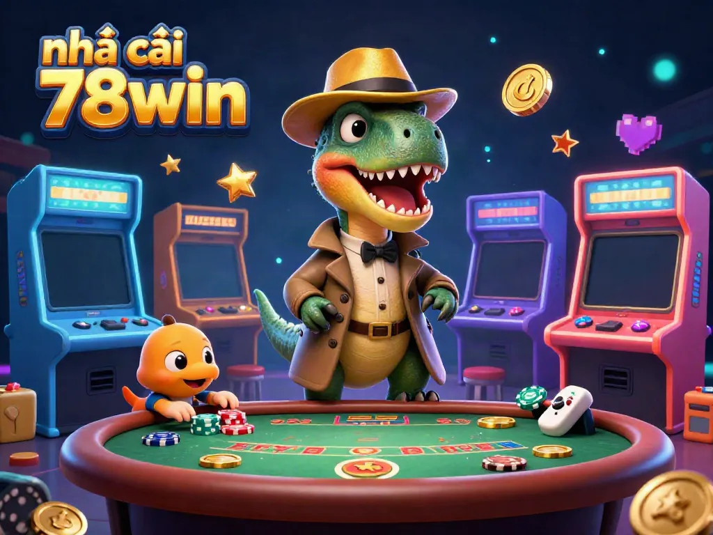 Experience thrilling gaming with nhà cái 78win featuring a dinosaur dealer and cartoon characters at a blackjack table.