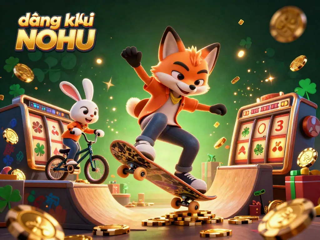 Engaging scene of skateboarder fox and BMX-riding rabbit with casino symbols, promoting đăng ký NOHU.