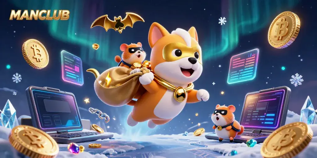 Engage with exciting bets at MANCLUB, featuring a superhero dog and hamster in a vibrant casino scene.
