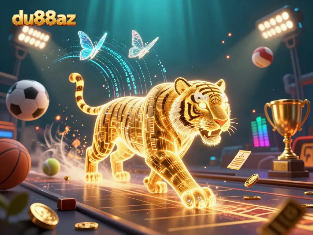 Experience thrilling gaming at du88az with a dynamic 3D digital casino scene featuring vibrant sports elements.