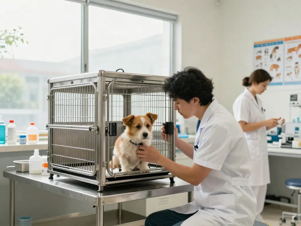 Veterinary cages providing a safe recovery environment for pets in a modern veterinary clinic