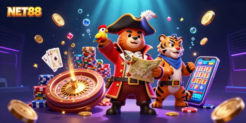 Experience thrilling NET88 online gaming with a dynamic illustration showcasing vibrant casino elements.