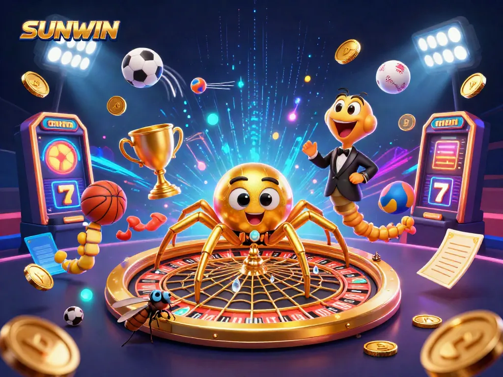 SUNWIN showcases a dynamic casino scene with golden spider and sports elements, illustrating a vibrant betting atmosphere.