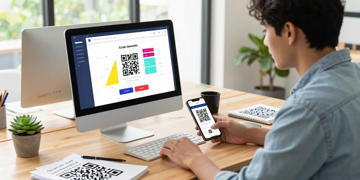 Create a unique QR Code Generator in a modern workspace, showcasing vibrant interface and analysis tools.